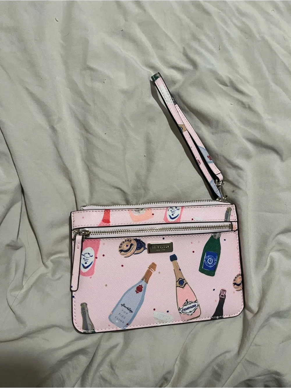 Pink Champagne Print Wristlet Bag